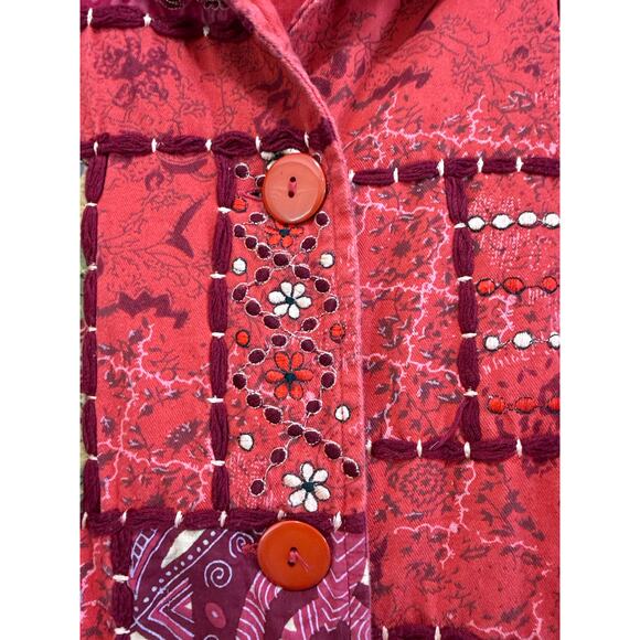 Coldwater Creek Red Patchwork Cotton Button-Up Jacket Sz L Boho Folk Art Style - Picture 3 of 8